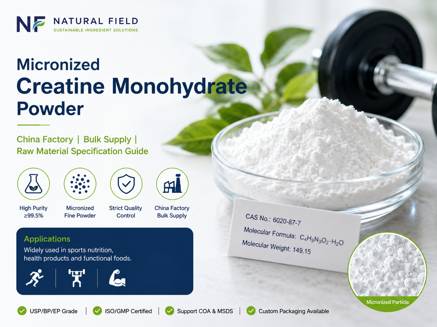 Micronized Creatine Monohydrate Powder: China Factory Bulk Supply and Raw Material Specification Guide Micronized Creatine Monohydrate Powder: China Factory Bulk Supply and Raw Material Specification Guide